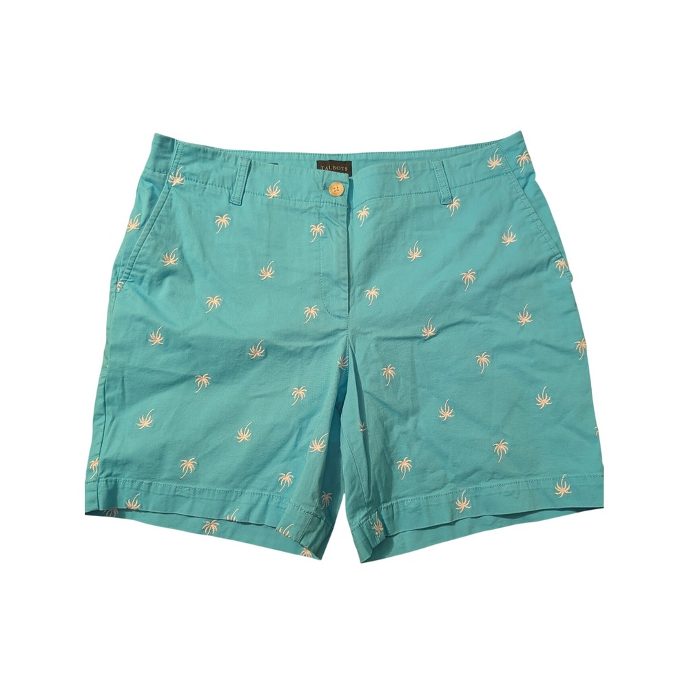 Talbots Relaxed Chino Shorts 12 Turquoise Blue Embroidered Palm Tree Cotton‎ 7in